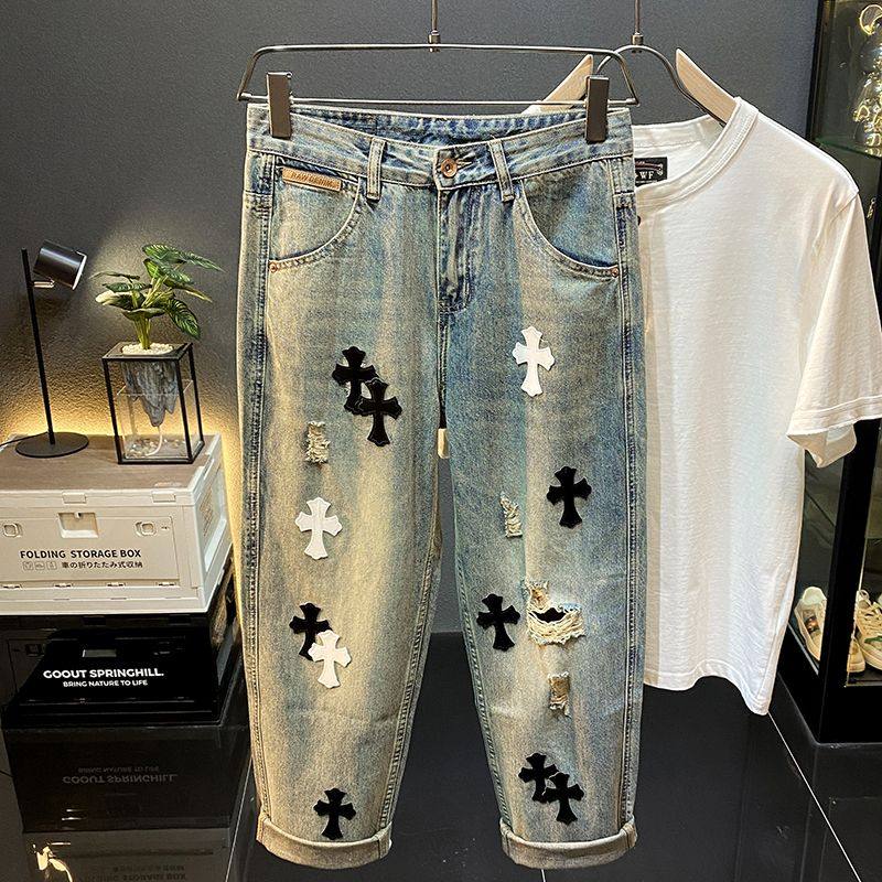 美式高端潮牌拼皮破洞复古牛仔裤男士夏季薄款直筒宽松工装长裤子,淘宝优惠券,粉丝福利购,淘宝优惠卷