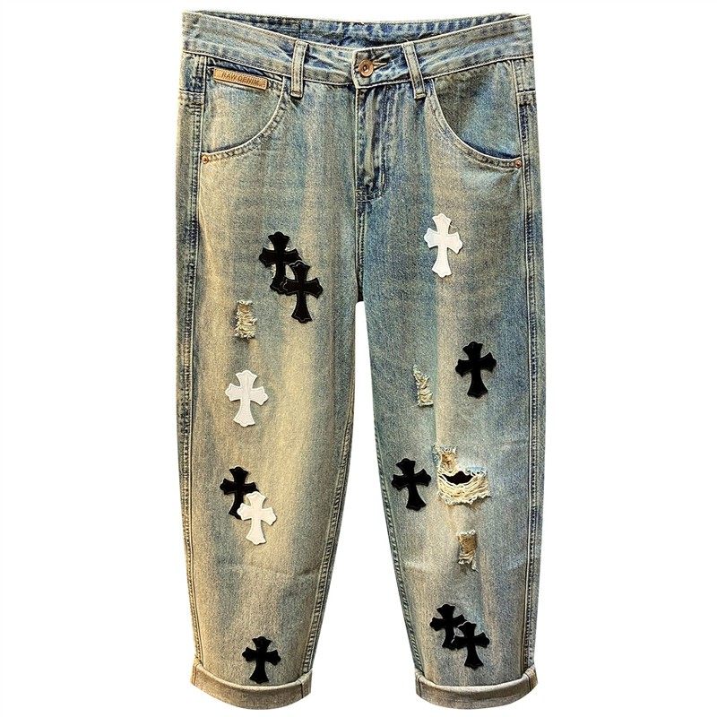 美式高端潮牌拼皮破洞复古牛仔裤男士夏季薄款直筒宽松工装长裤子,淘宝优惠券,粉丝福利购,淘宝优惠卷