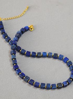 欧美小众轻奢贵气方形青金石串珠项链复古优雅蓝色系气质锁骨链