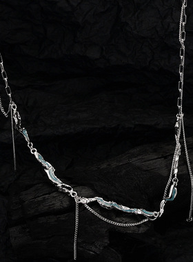 薄荷蓝链条流苏纯银女锁骨链