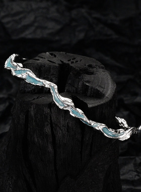 薄荷蓝925银肌理滴胶时尚女手环