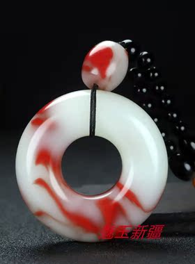 天然鸡血石平安扣手把件大号平安环和田玉金丝玉车挂手玩件手挂饰