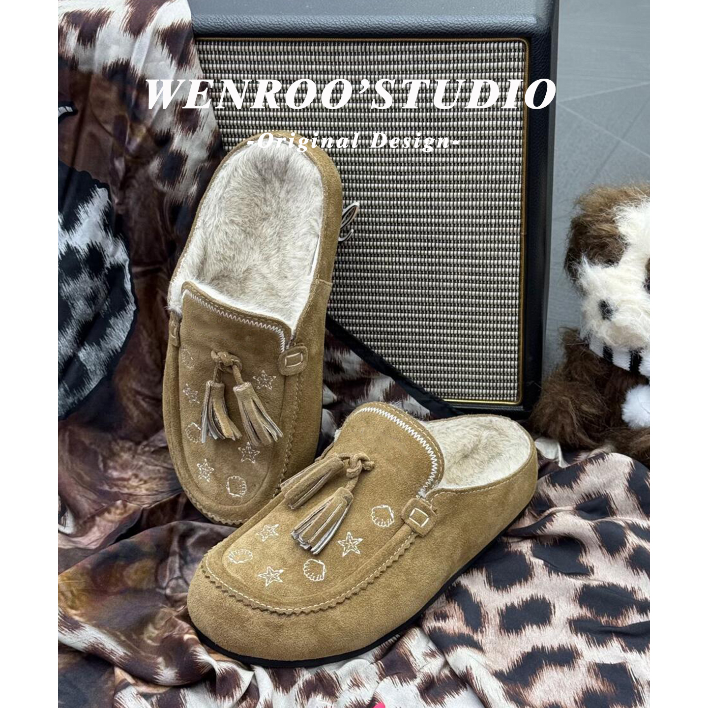 小众刺绣流苏加绒真皮包头棉拖女外穿2025秋冬新款复古毛毛勃肯鞋 - 图2