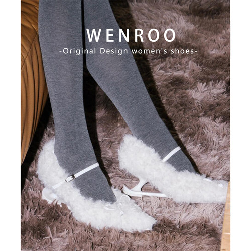 黑色蝴蝶结一字带加绒玛丽珍女2025秋冬新款法式尖头毛毛高跟单鞋 - 图2