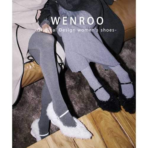 黑色蝴蝶结一字带加绒玛丽珍女2025秋冬新款法式尖头毛毛高跟单鞋 - 图1