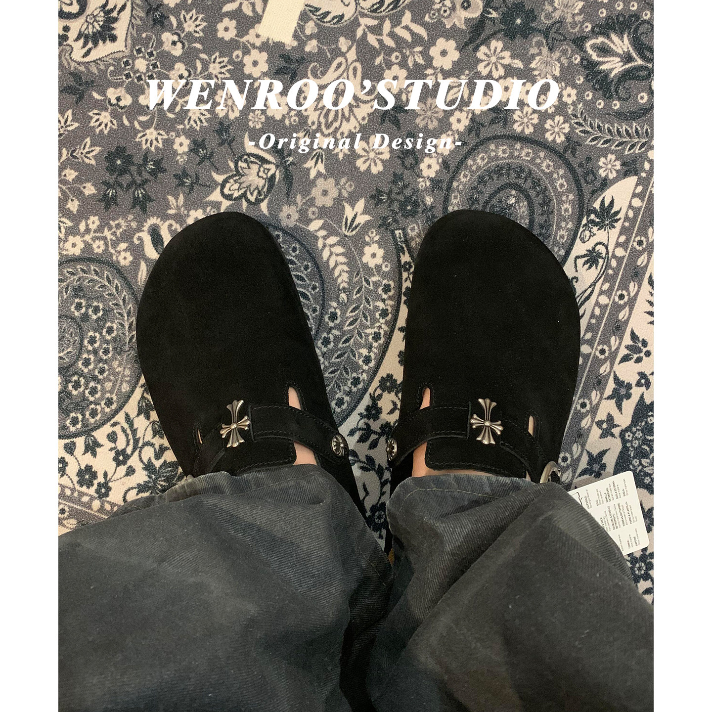 2026春季新款复古十字架厚底黑色勃肯鞋女外穿真皮懒人包头半拖鞋,淘宝优惠券,粉丝福利购,淘宝优惠卷