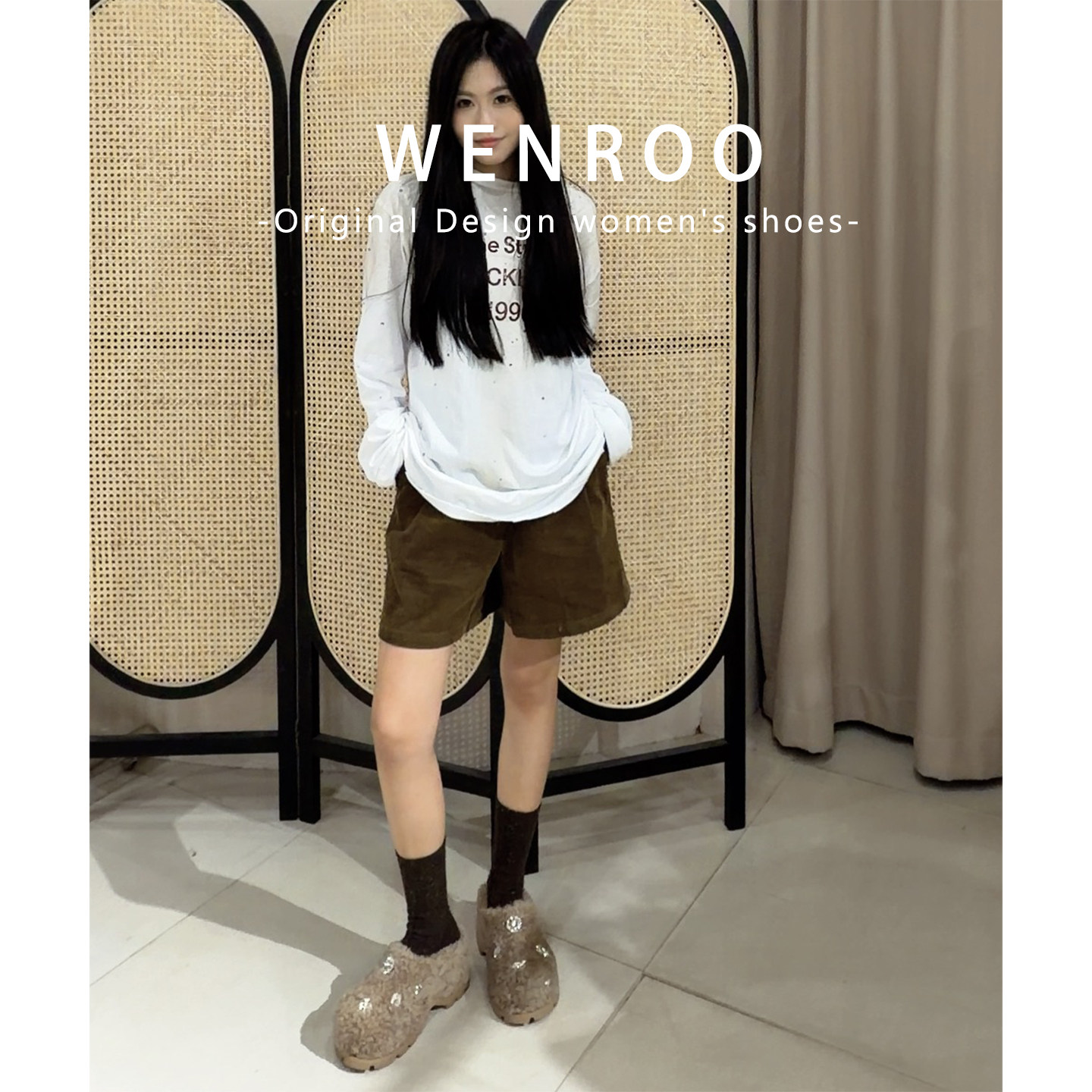 棕色水钻松糕厚底羊羔毛毛包头半拖棉鞋女冬季外穿加绒保暖勃肯鞋,淘宝优惠券,粉丝福利购,淘宝优惠卷