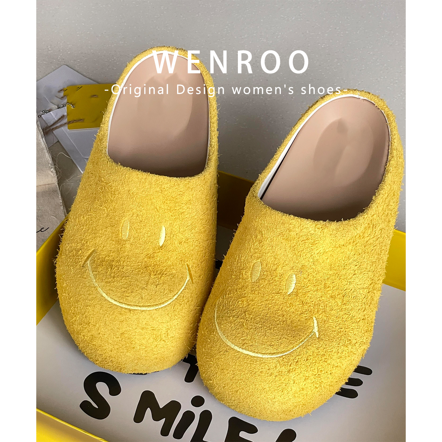 孟子义同款黄色笑脸勃肯鞋女外穿2025秋季新款真皮刺绣包头半拖鞋 - 图1