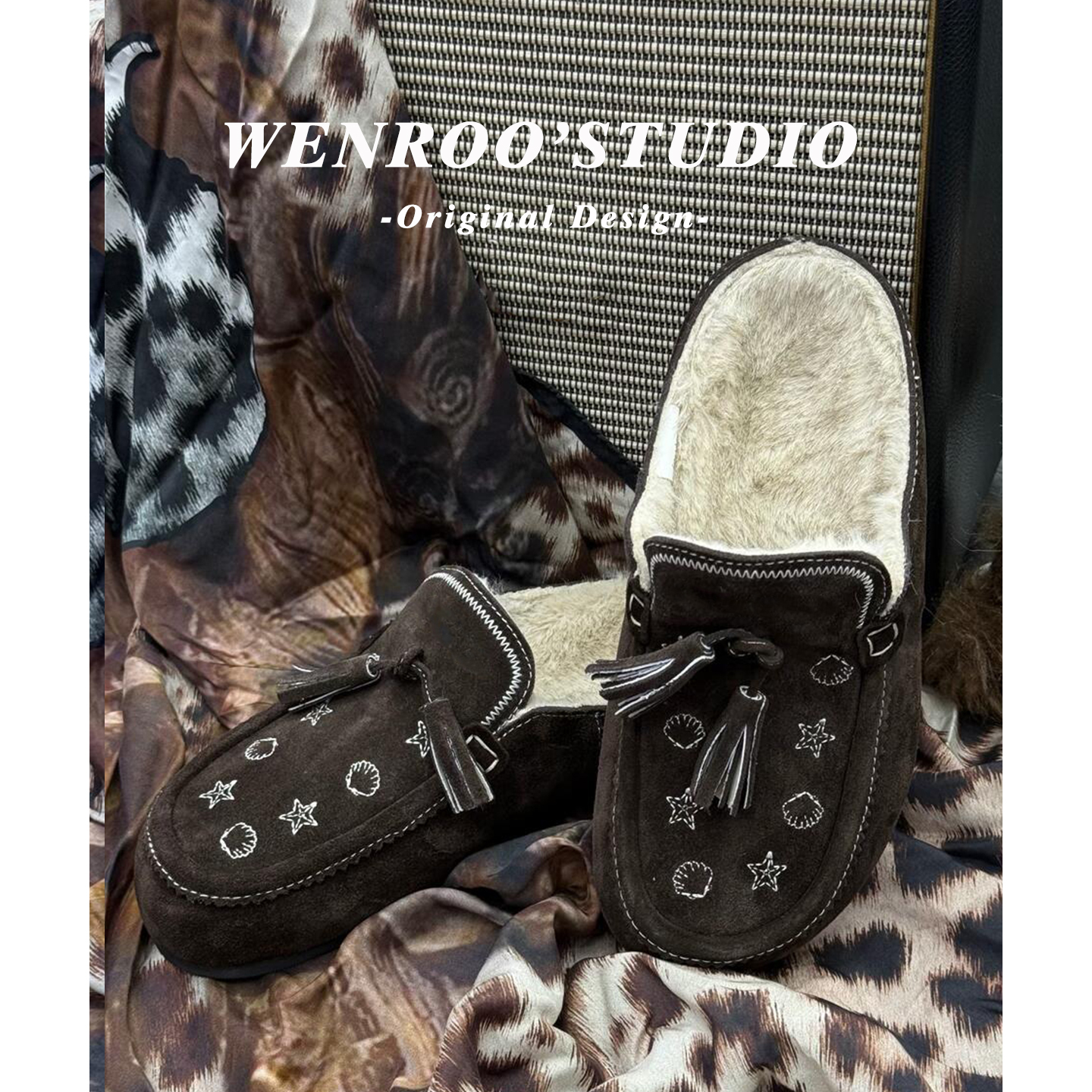 小众刺绣流苏加绒真皮包头棉拖女外穿2025秋冬新款复古毛毛勃肯鞋 - 图1