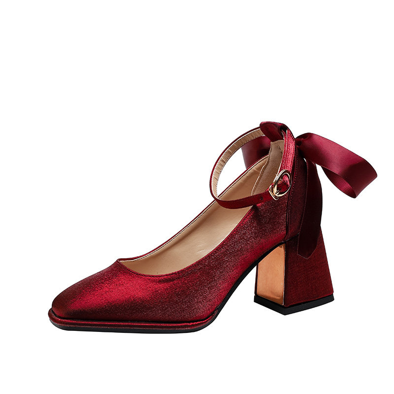 一字带方头高跟鞋女酒红色婚鞋禾秀婚纱两穿2025新款法式粗跟单鞋,淘宝优惠券,粉丝福利购,淘宝优惠卷