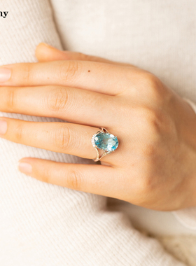 简约竹节戒指9克拉天然海蓝宝石色的托帕石纯银镀金指环活口简约