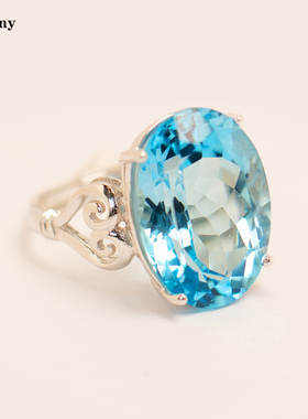 复古祥云戒指16克拉天然瑞士蓝托帕石纯银镀金指环活口不带钻简约