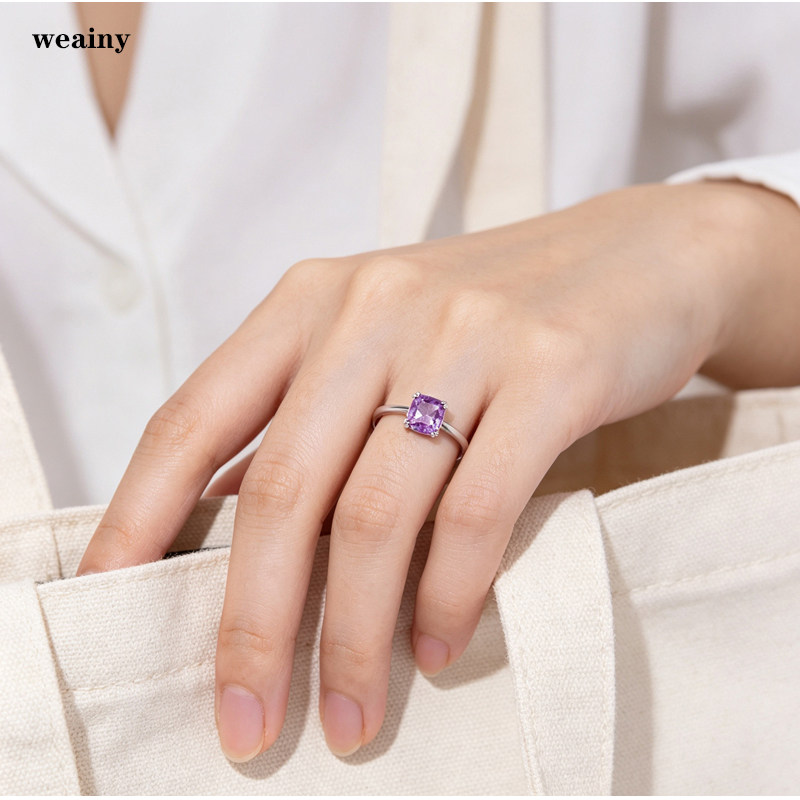 Natural amethyst ring sterling silver gold-plated light purple pillow square ring simple high-end daily working cow horse girl