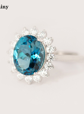 经典戴妃款天然伦敦蓝天然托帕石戒指925纯银镀18K真金女戒送礼物