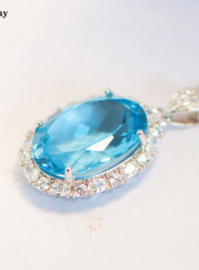 天然海蓝宝石色的瑞士蓝托帕石吊坠纯银镀金不过敏项链节日送礼物