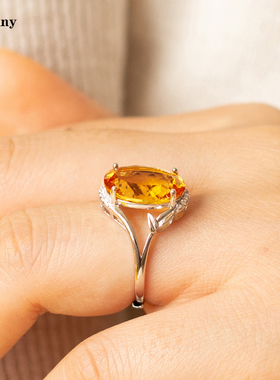 简约竹节招财9克拉天然黄水晶戒指纯银镀金不过敏指环活口简约女