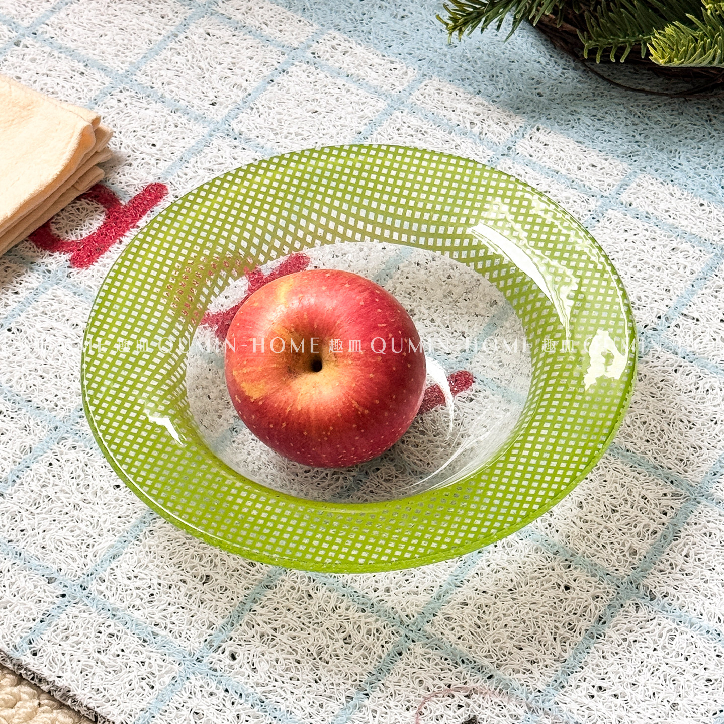 趣皿多巴胺格纹彩色圆形玻璃碗盘复古装饰酸奶碗水果碗零食碗盘