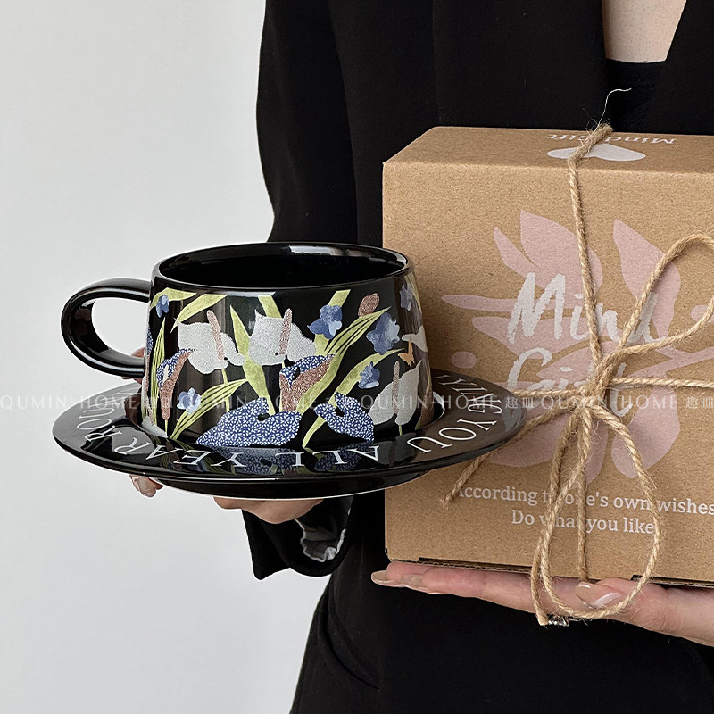 趣皿 复古水彩手绘鹏游蝶梦咖啡杯碟陶瓷杯下午茶小众拉花杯礼物 - 图0