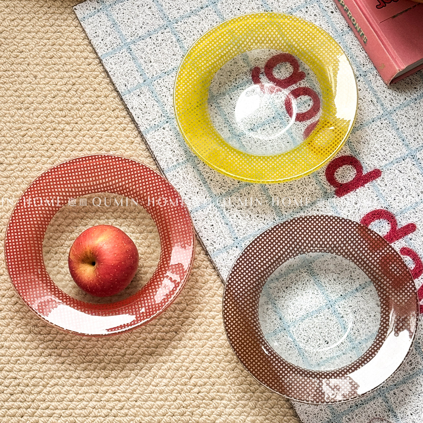 趣皿多巴胺格纹彩色圆形玻璃碗盘复古装饰酸奶碗水果碗零食碗盘