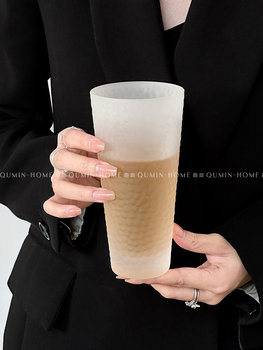 Qudian* Simple ins style frosted glass fish scale open mouth water cup office home cup light ຈອກເຄື່ອງດື່ມຫລູຫລາ