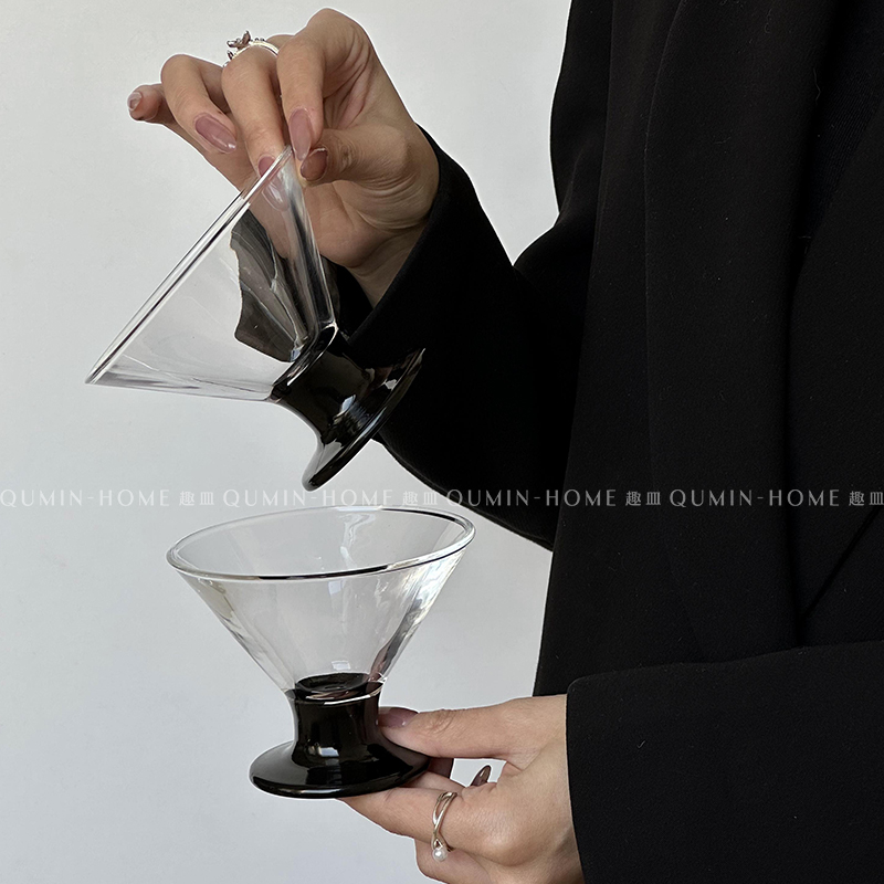 趣皿家用圆底雪糕杯黑底创意玻璃杯红酒杯小众设计甜酒杯香槟杯-图2