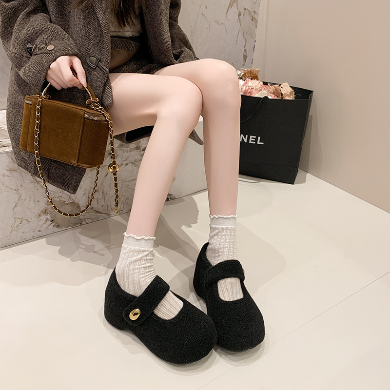 欧货毛呢松糕厚底毛毛鞋女百搭魔术贴玛丽珍小个子增高加绒乐福鞋,淘宝优惠券,粉丝福利购,淘宝优惠卷