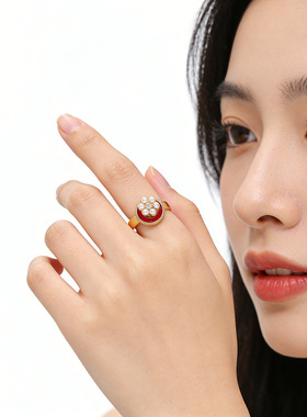 红色滴油珍珠小众显白食指戒