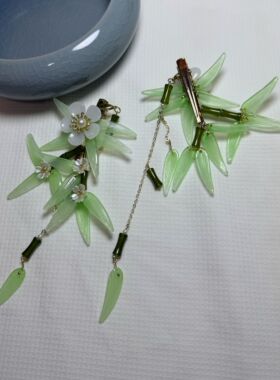 子规 原创绿色竹叶花朵发夹古风流苏发饰甜美琉璃汉服配饰女