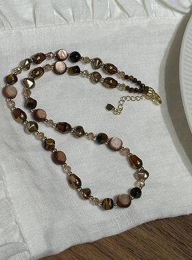 美拉德天然石虎眼石咖色珍珠串珠项链小众设计高级感女款2024新款