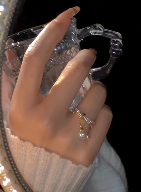 精致珍珠链条镶钻开口戒