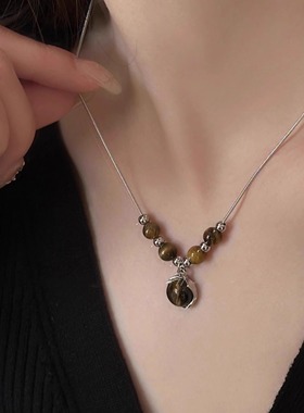 气质中式小众叠戴虎眼石项链皮革