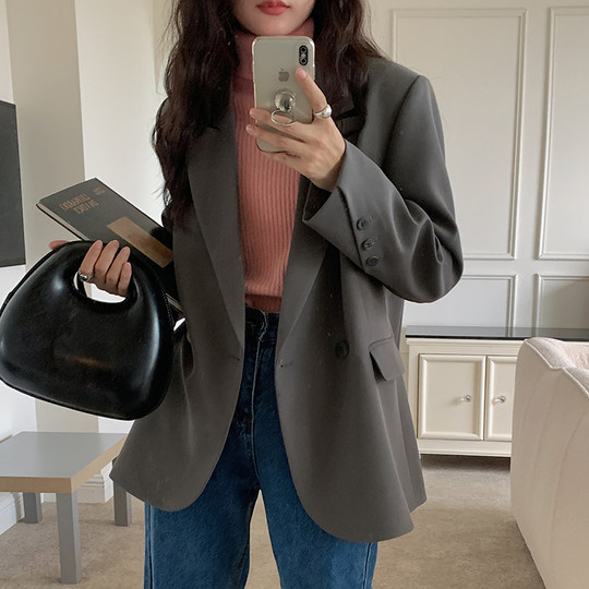MIKILE韩国西服上衣2025春秋高级炸街宽松休闲百搭咖色西装外套女
