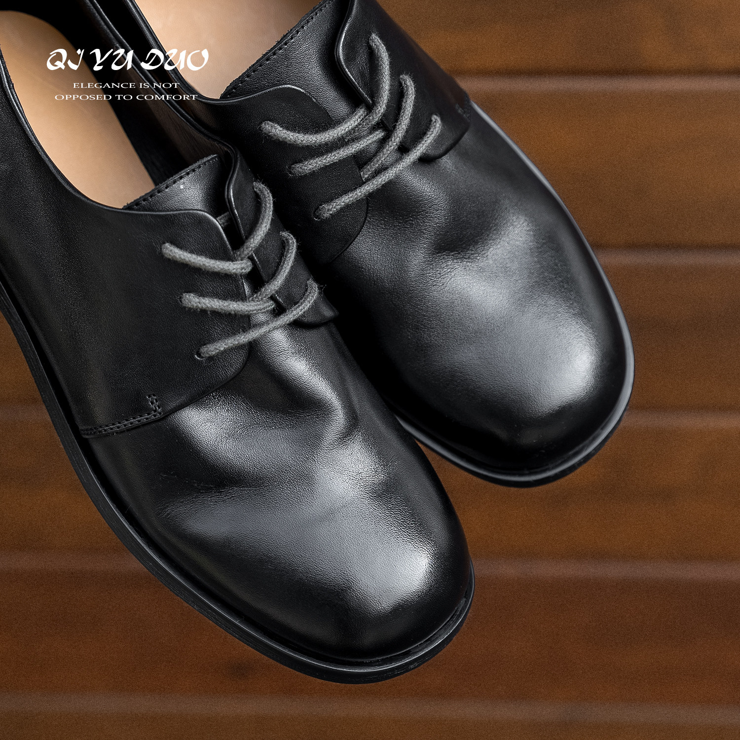 QIYUDUO 马皮小皮鞋2026年新款系带黑色软皮平底鞋百搭真皮单鞋女,淘宝优惠券,粉丝福利购,淘宝优惠卷