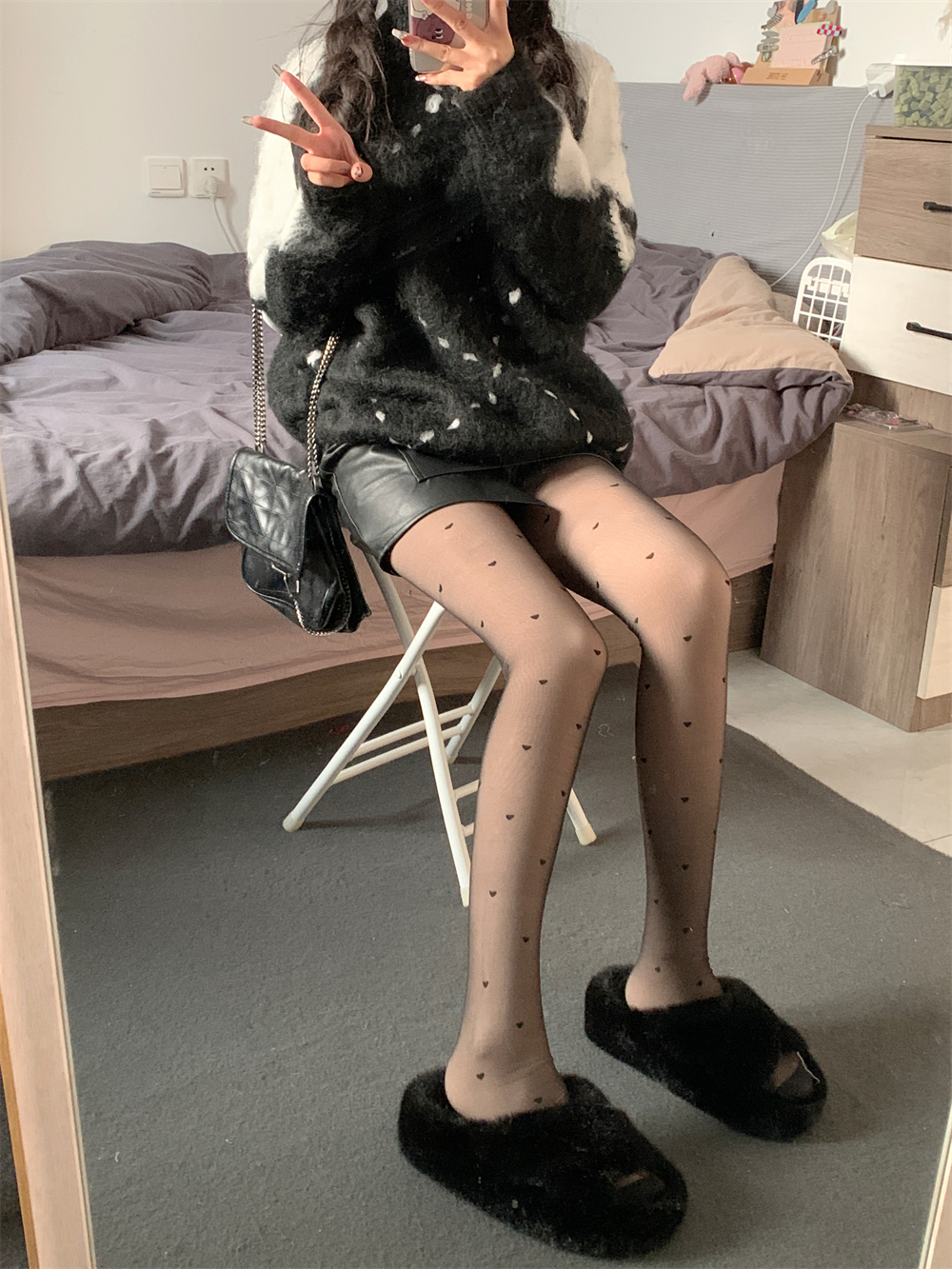 AY Tofilms秋冬加绒保暖小爱心黑丝双层可替换外层打底连裤袜丝袜 - 图1