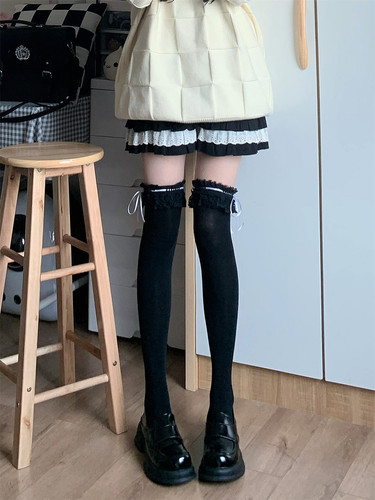 AY To films 秋冬加厚蕾丝边高筒袜日系JK少女花边过膝棉质长筒袜 - 图1