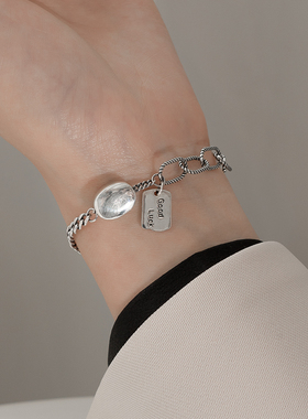 7号银铺复古方牌925女lucky手链