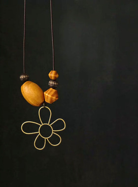 子木。复古中式镂空花朵吊坠项链波西米亚民族风木珠长款毛衣链