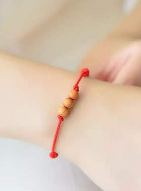 桃木圆珠红绳手链学生情侣