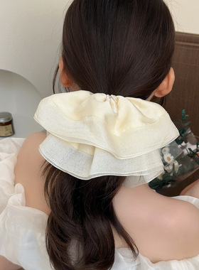 温柔光泽缎面网纱大肠圈法式发绳扎低马尾丸子头通勤网红头饰头花