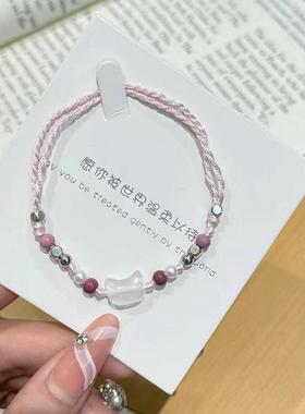 小猫主义~甜美白贝母猫咪手链糖果色编织手绳女时尚精致情侣手饰
