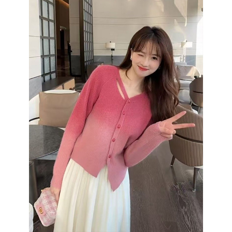 法式V领渐变色套头毛衣女2026春季新款开衫宽松慵懒风针织衫上衣,淘宝优惠券,粉丝福利购,淘宝优惠卷