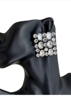 方形水钻异形拼接白钻银色夸张耳钉一对EARRING