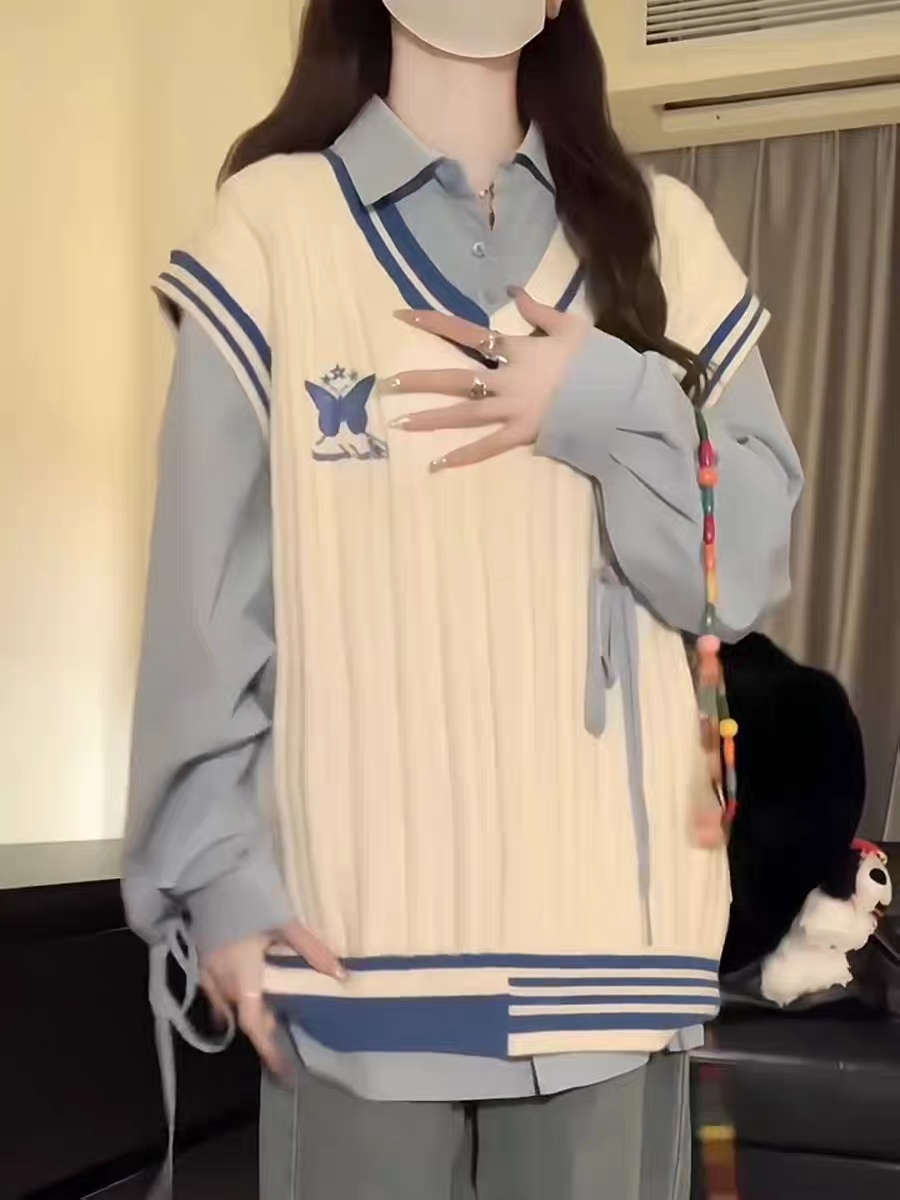 学院风软糯蝴蝶刺绣针织衫马甲背心毛衣女学生+蓝色衬衫两件/套装,淘宝优惠券,粉丝福利购,淘宝优惠卷