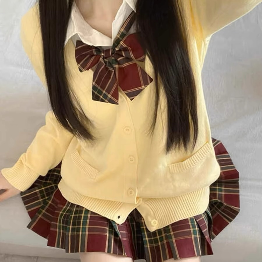 JK制服套装女秋冬季日系学院风针织开衫毛衣外套百褶裙格裙三件套 - 图0