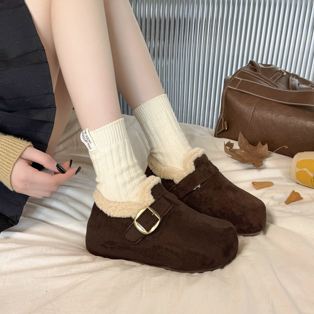 厚底内增高加绒保暖勃肯鞋女2025新款冬季一脚蹬雪地靴棉鞋豆豆鞋 - 图2