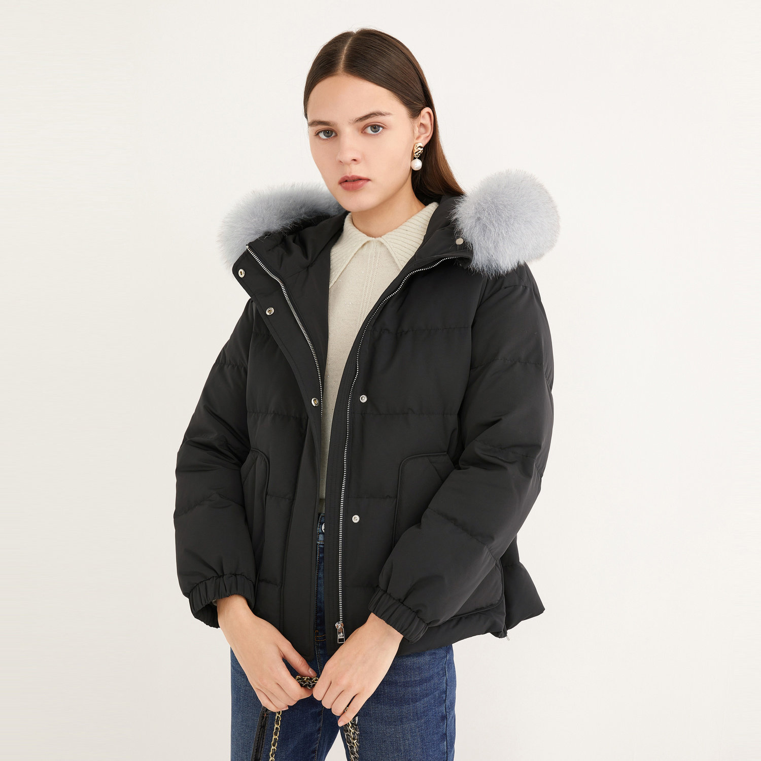 玖姿冬装纯色狐狸毛领厚款外套女羽绒服