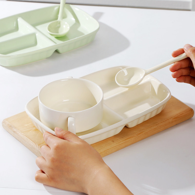 陶瓷分格盘创意奶油风早餐盘一人食餐具三件套装家用双耳蒸盅汤盅,淘宝优惠券,粉丝福利购,淘宝优惠卷