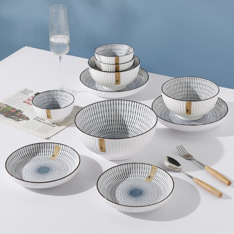 日式风格碗家用陶瓷饭碗盘子菜盘汤碗创意简约线条釉下彩餐具套装-图0