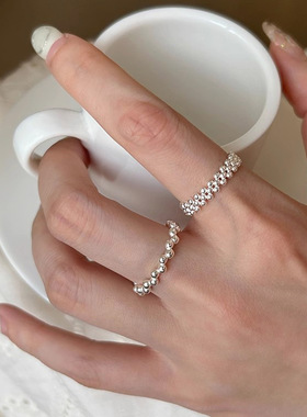 s925纯银多层镂空圆珠戒指女ins小众设计极简风百搭素圈开口指环