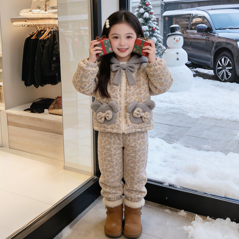 女童冬季夹棉加厚豹纹连帽家居服套装2026新款小女孩洋气保暖睡衣,淘宝优惠券,粉丝福利购,淘宝优惠卷